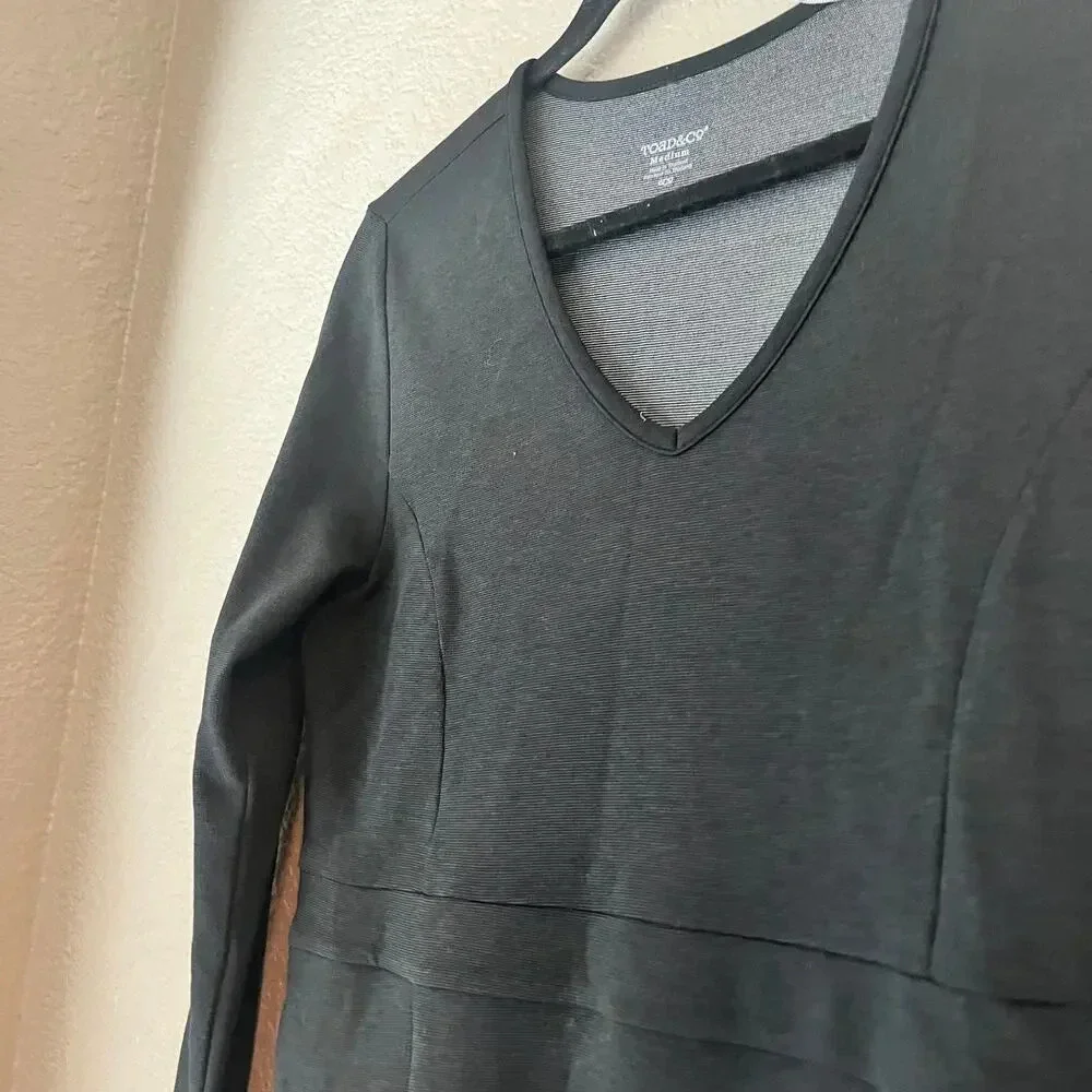 Toad & Co 3/4 Sleeve V Neck Dress Medium Heathered Black Long Sleeve Knee - Picture 4 of 9